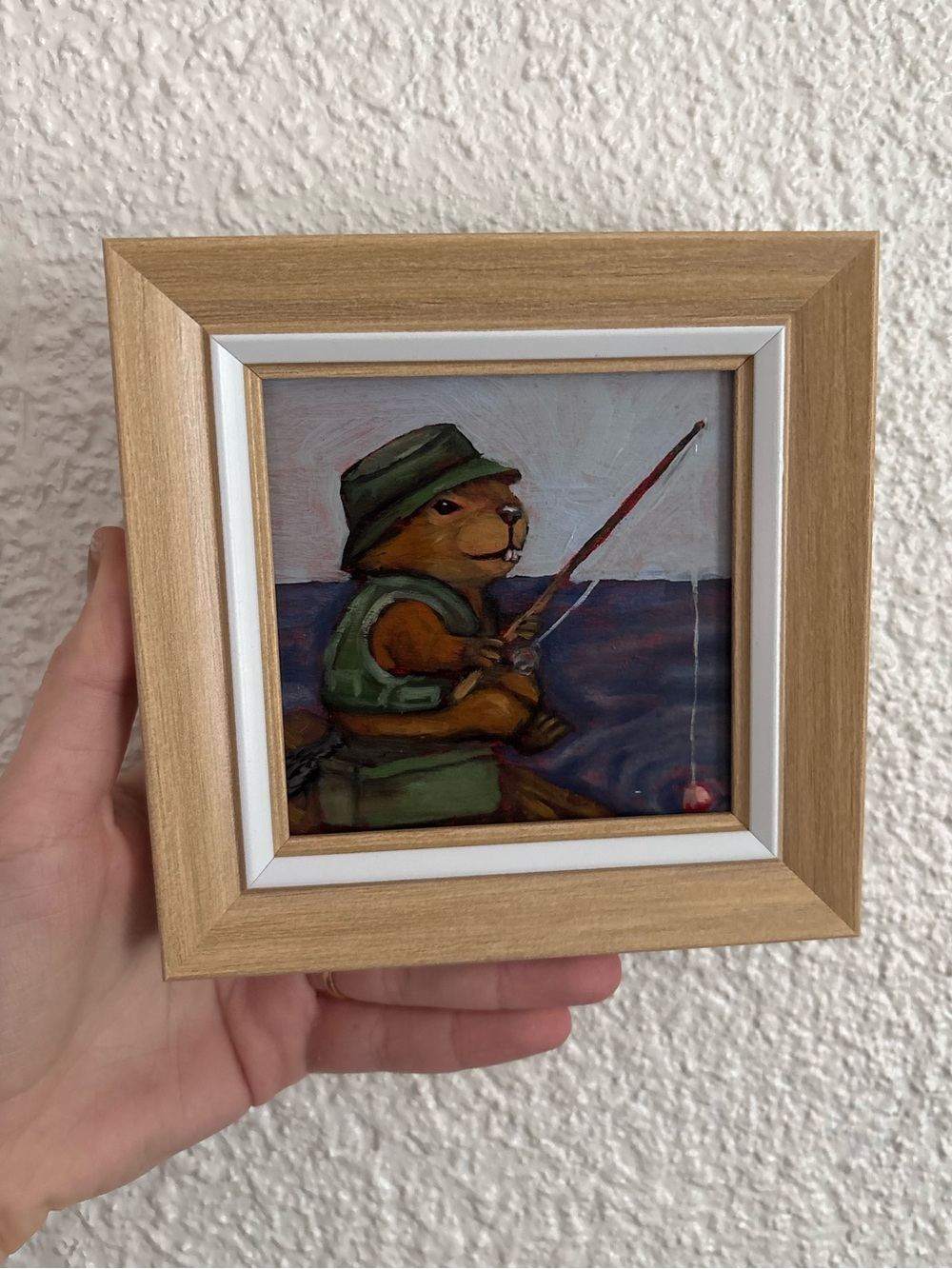 "Fishing Beaver” Original oil painting on wood board mini framed 4x4"